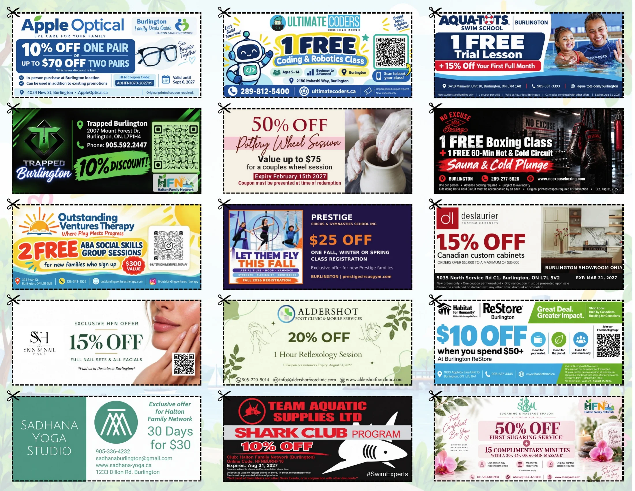Full printable Burlington Family Deals Guide sheet, all 15 coupons shown together without cropping
